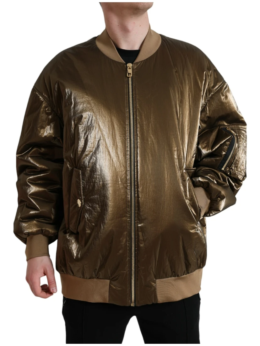 Bronze Nylon Full Zip Men Bomber Jacket