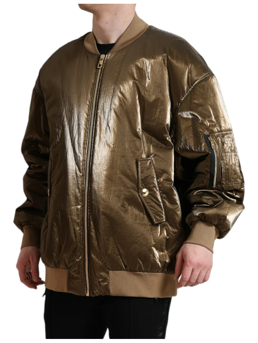 Bronze Nylon Full Zip Men Bomber Jacket