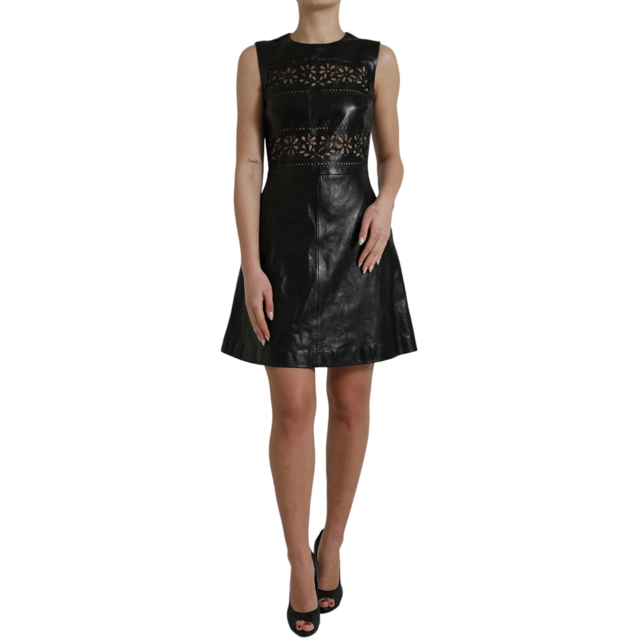 Shiny Black Nylon Cut Out A-line Mini Dress