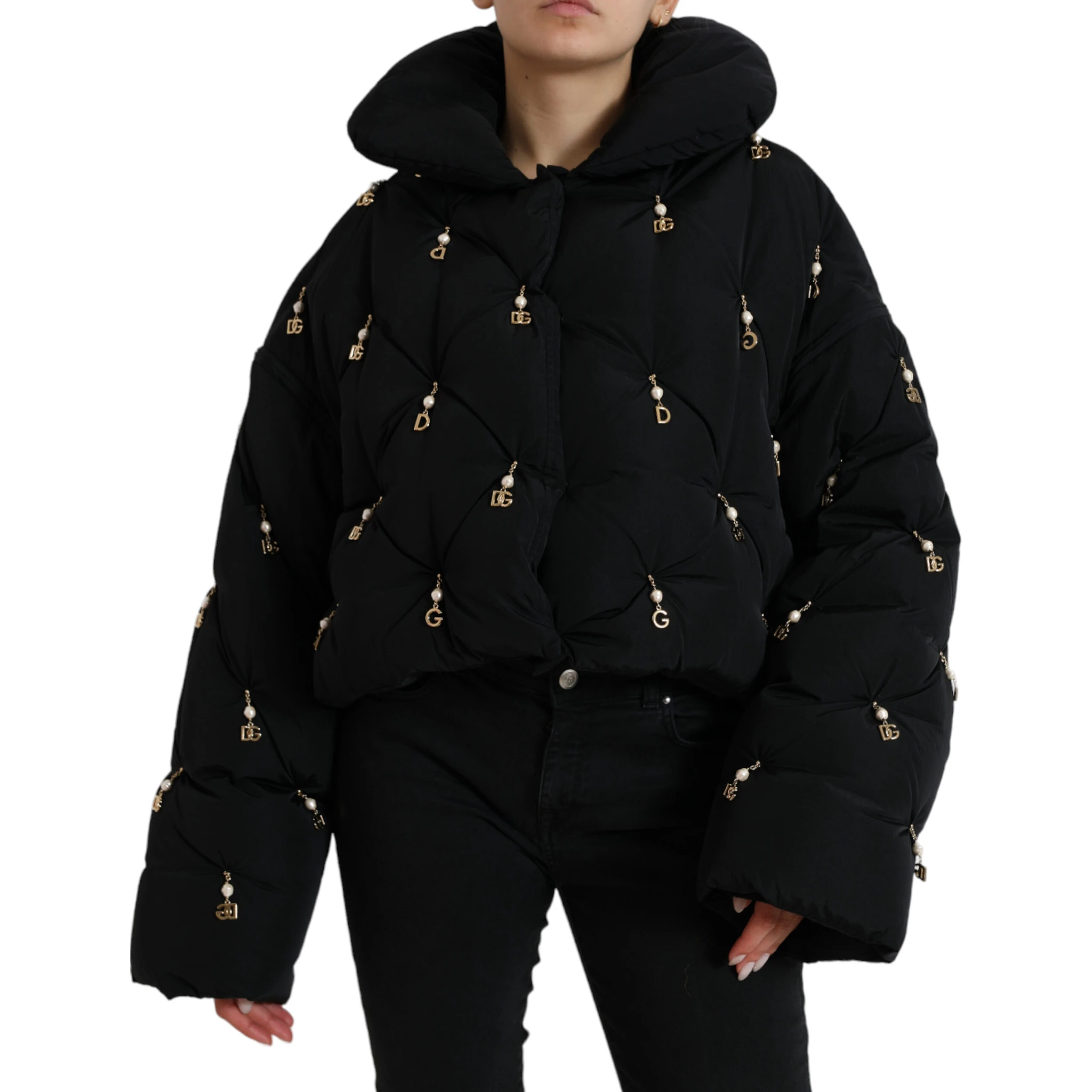 Black Embellished Quilted Shell Bomber Jacket