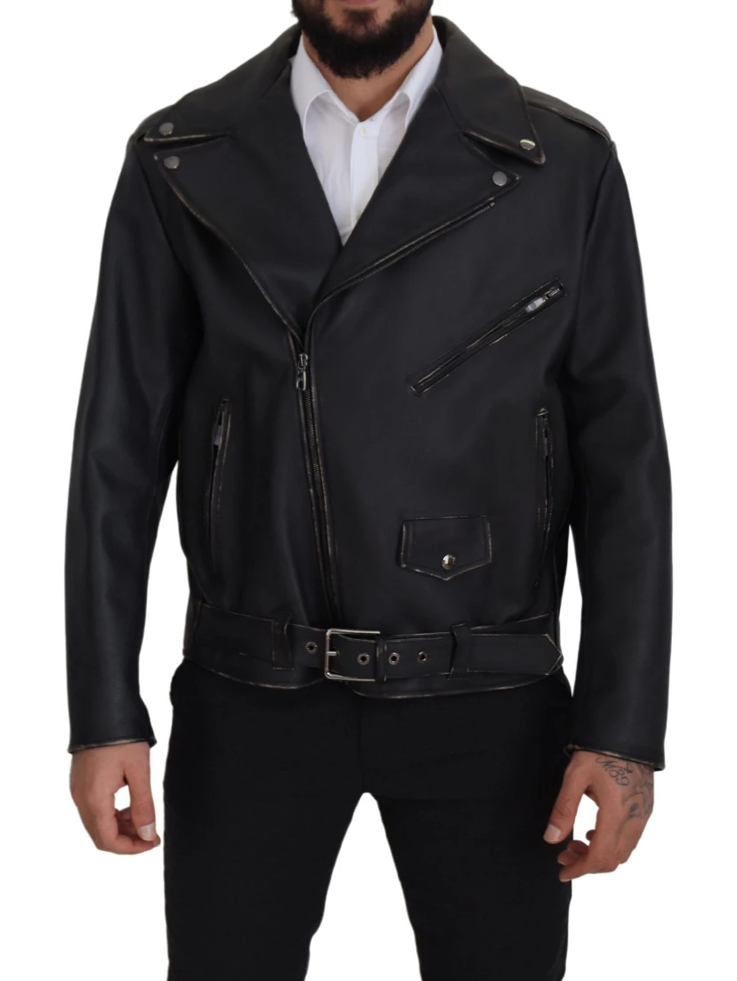 Black Leather Biker Coat Zipper Jacket