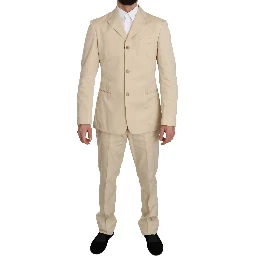 Two Piece 3 Button Beige Cotton Solid Suit