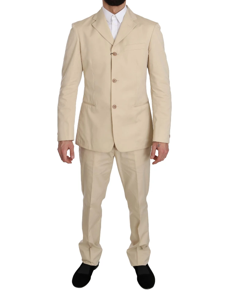 Two Piece 3 Button Beige Cotton Solid Suit