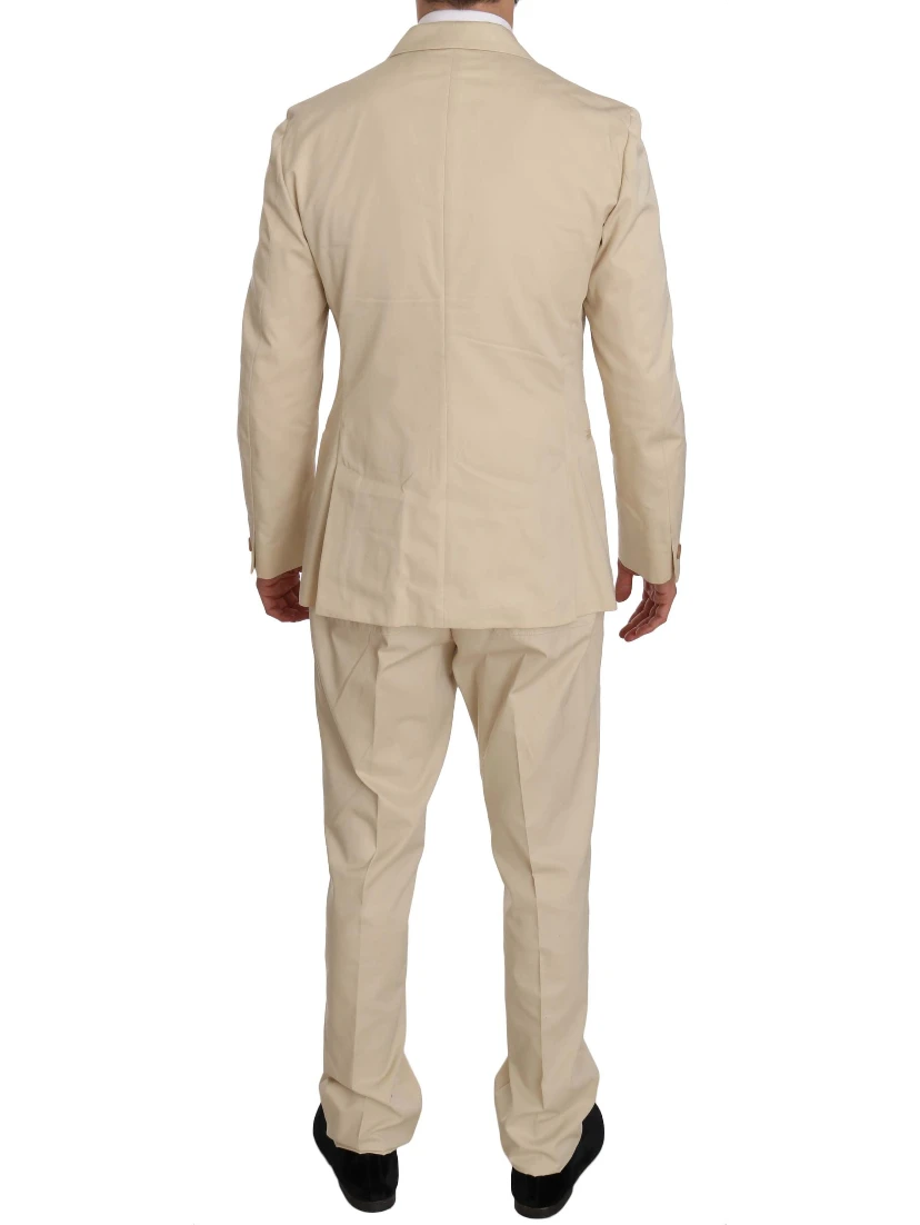 Two Piece 3 Button Beige Cotton Solid Suit