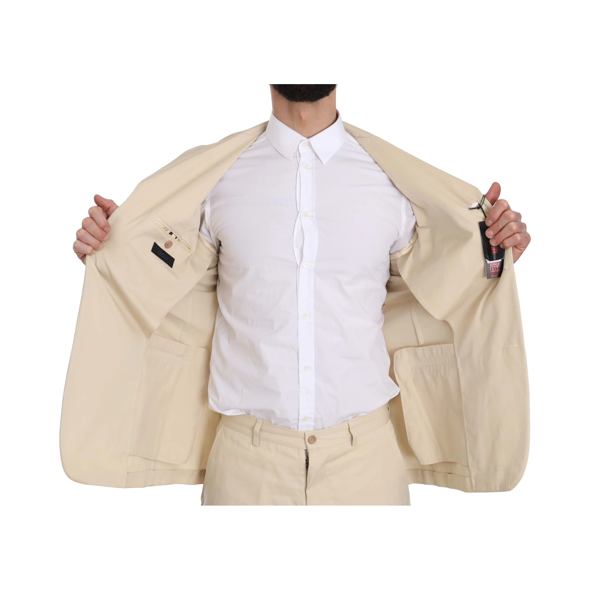 Two Piece 3 Button Beige Cotton Solid Suit