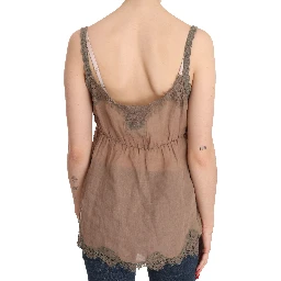 Brown Lace Spaghetti Strap Plunging Top Blouse