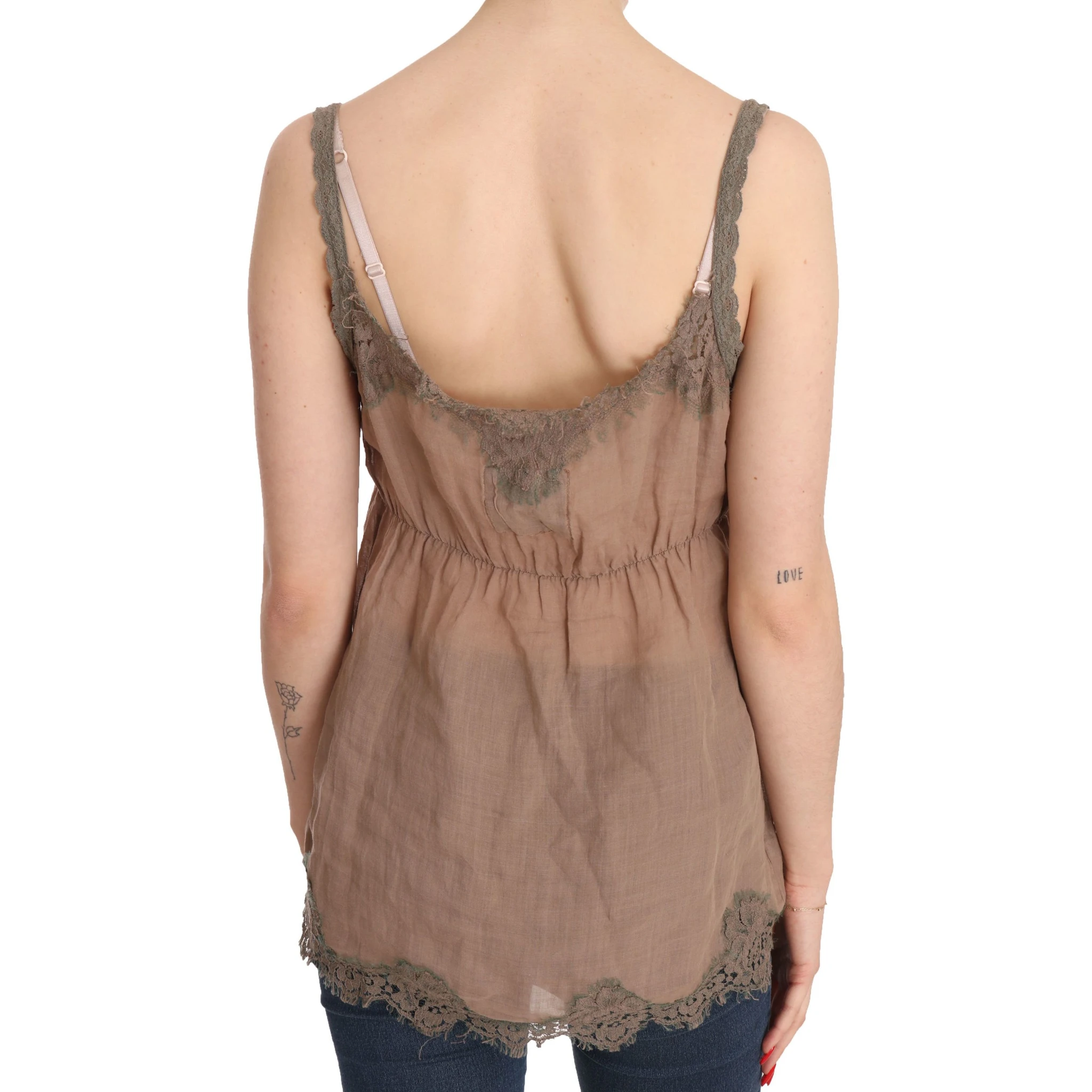 Brown Lace Spaghetti Strap Plunging Top Blouse