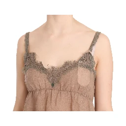 Brown Lace Spaghetti Strap Plunging Top Blouse