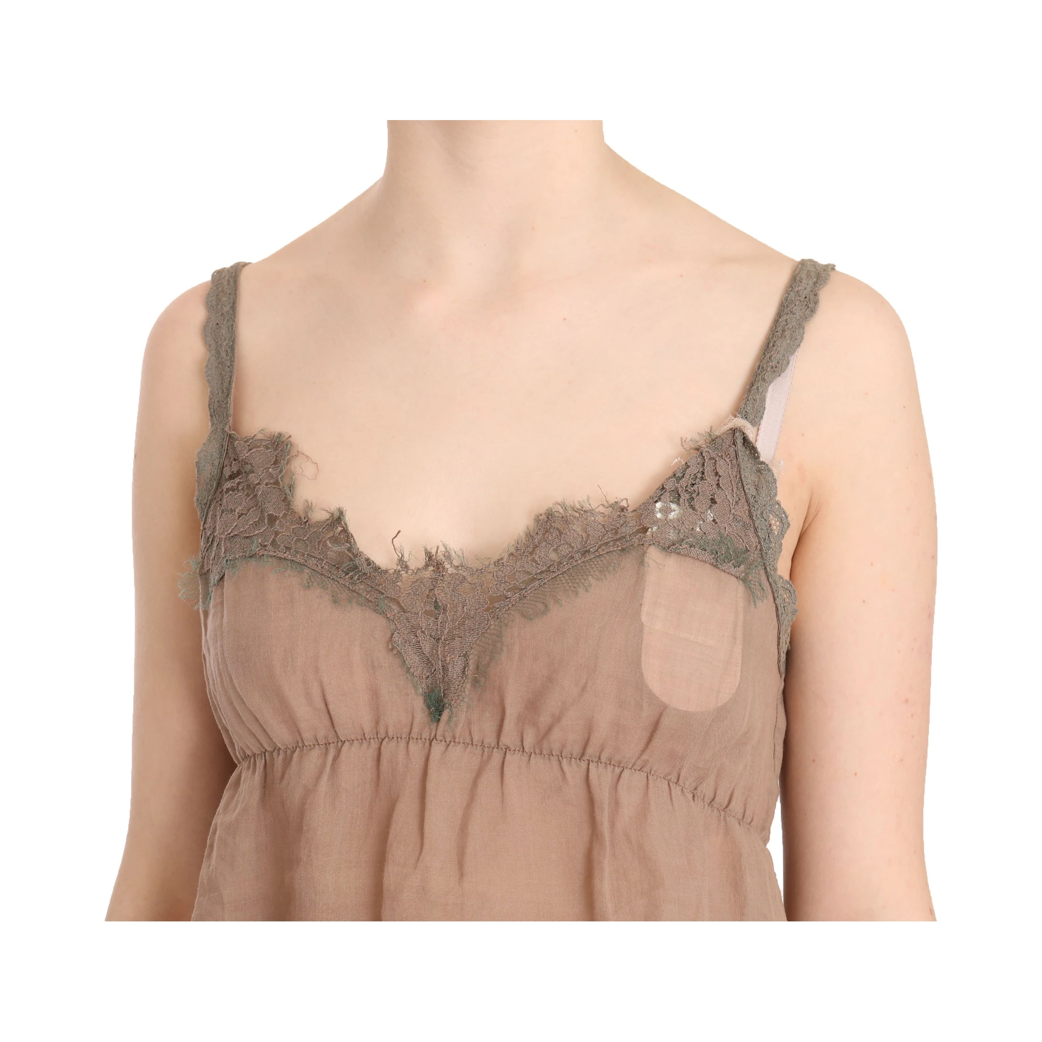 Brown Lace Spaghetti Strap Plunging Top Blouse