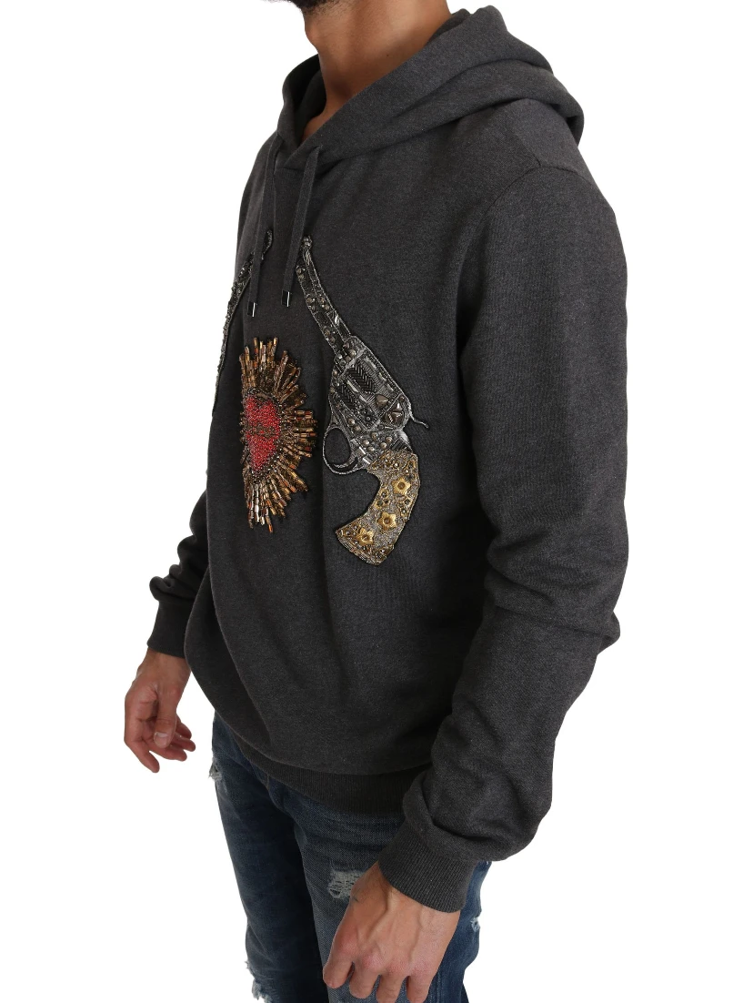 Gray Hooded Red Crystal Heart Gun Sweater