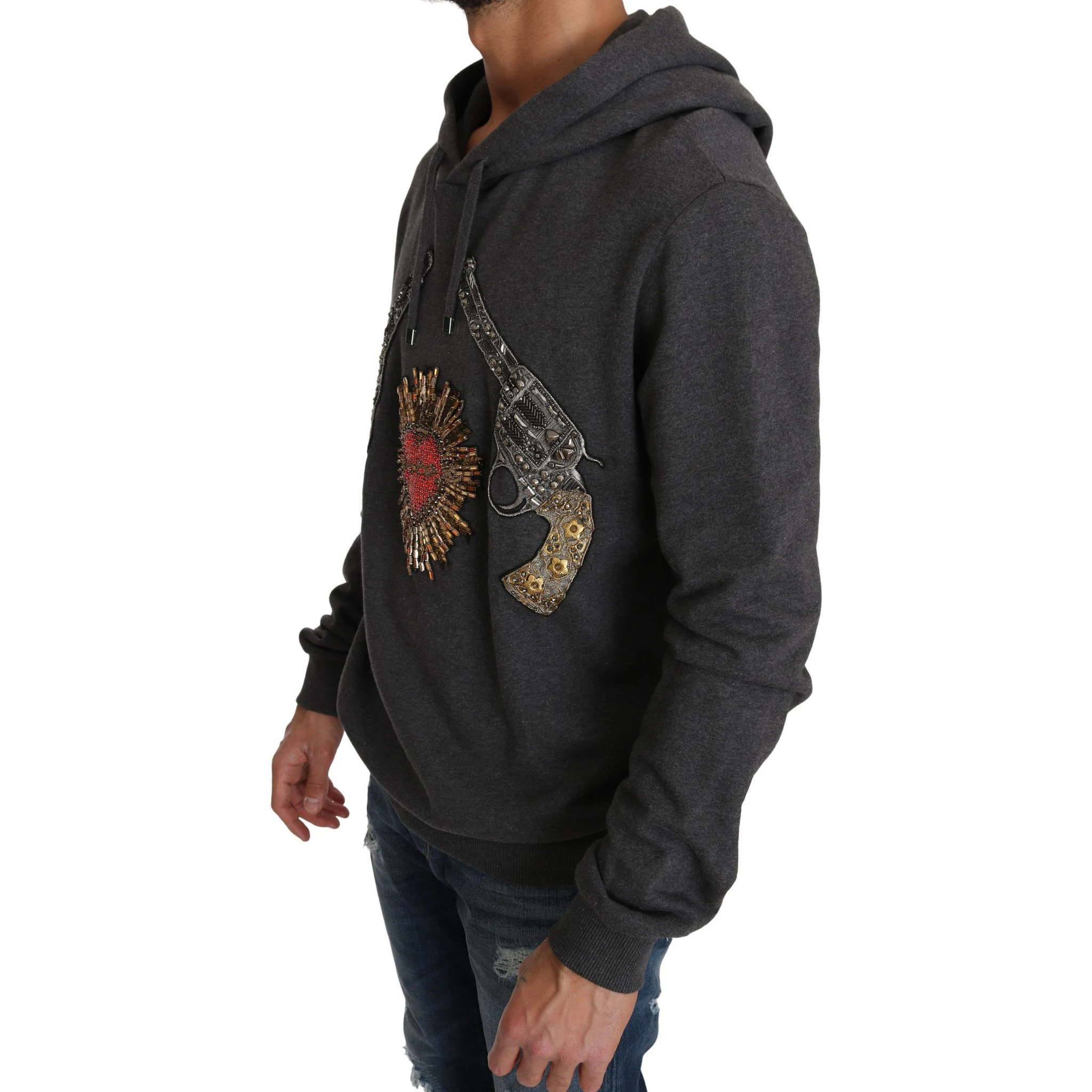 Gray Hooded Red Crystal Heart Gun Sweater