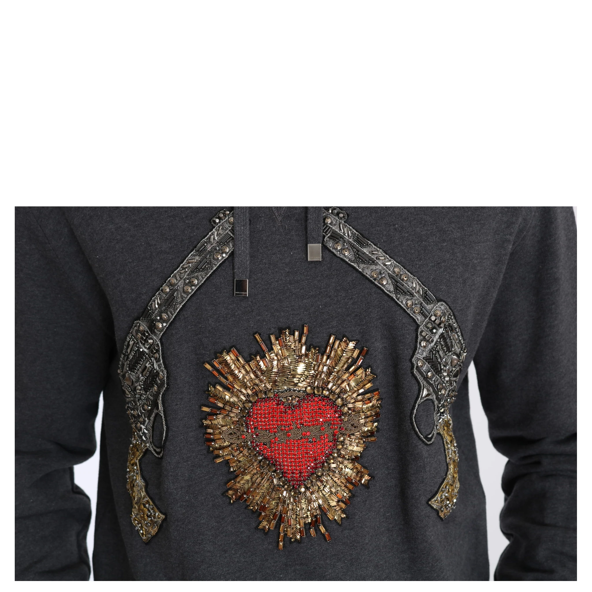 Gray Hooded Red Crystal Heart Gun Sweater