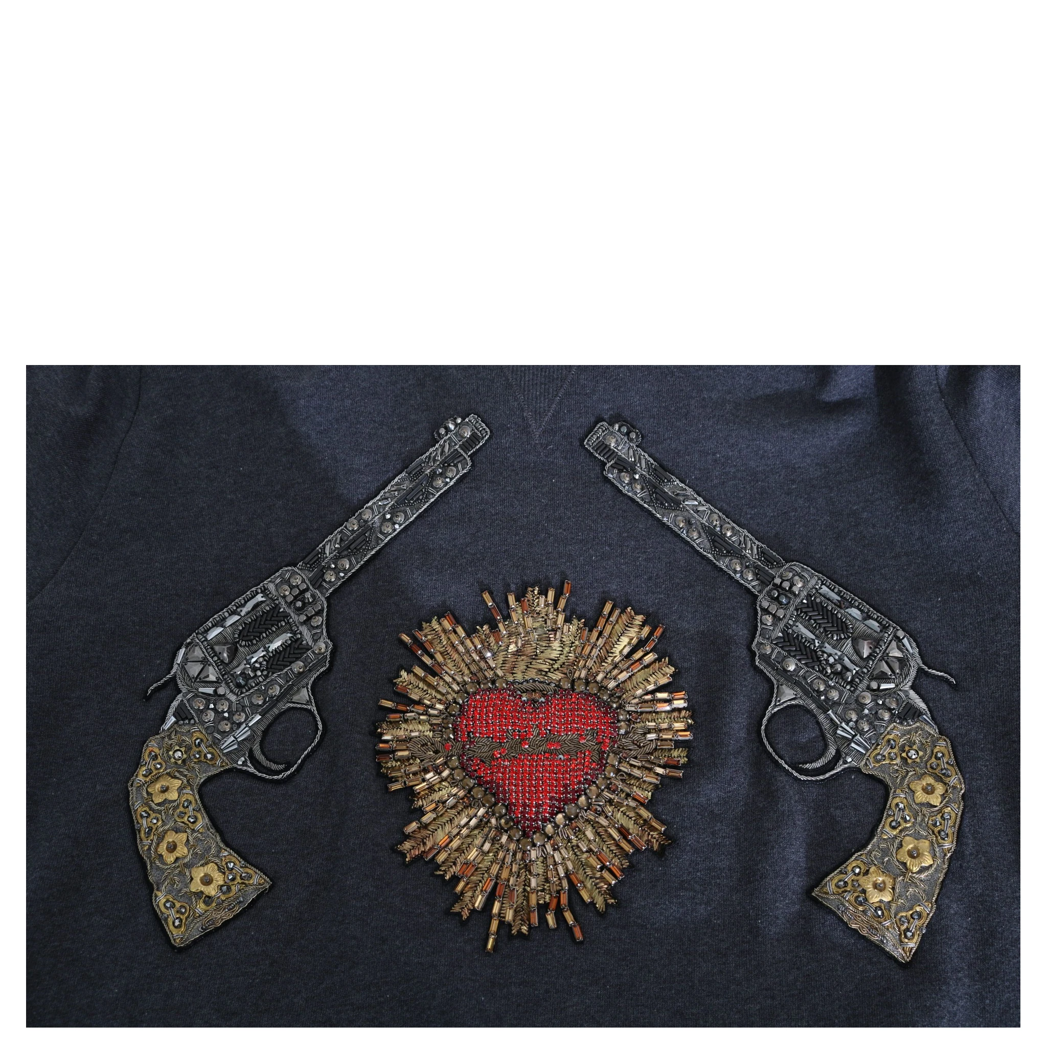 Gray Hooded Red Crystal Heart Gun Sweater