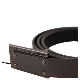 Dark Brown Leather Logo Buckle Belt