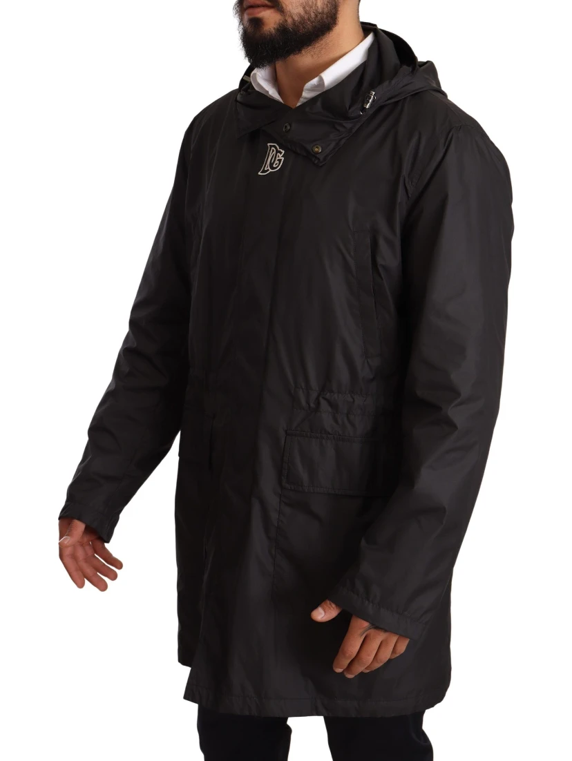 Black Hooded Mens Trench Coat Jacket