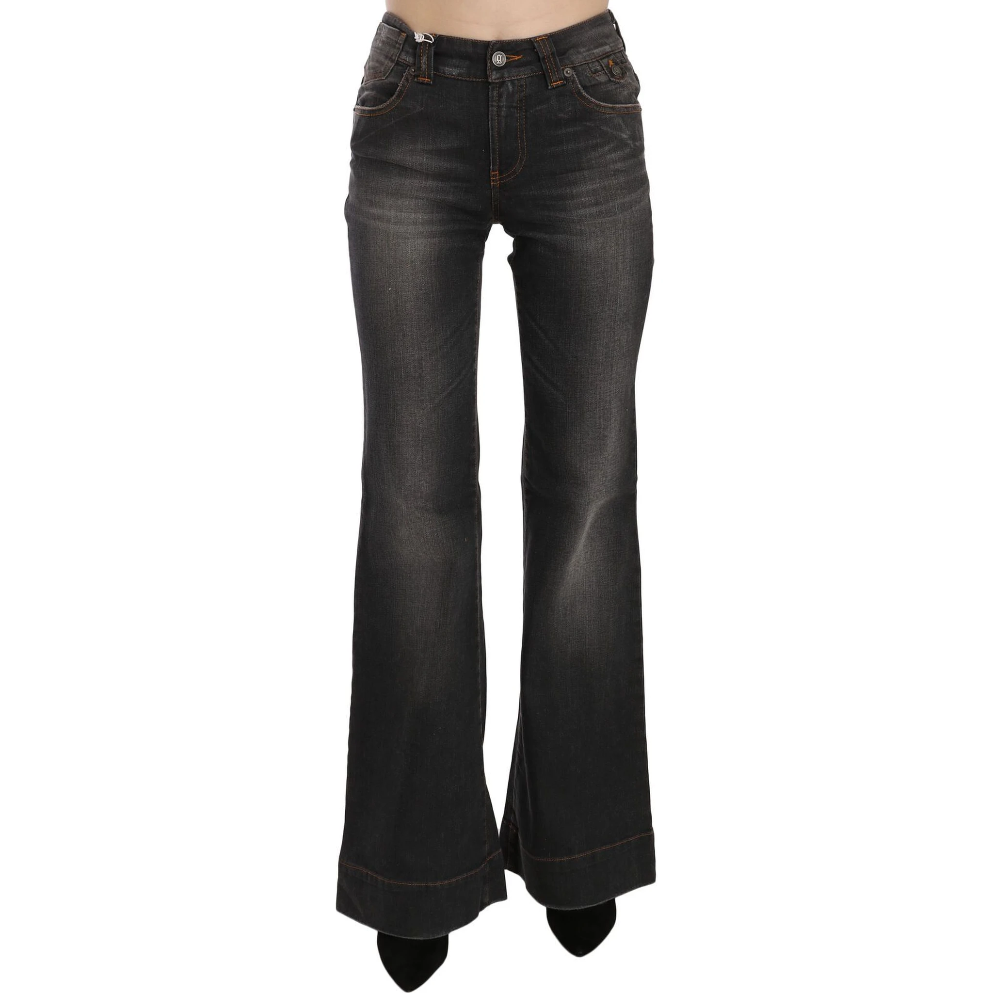 Black Washed Mid Waist Flared Denim Casual Jeans