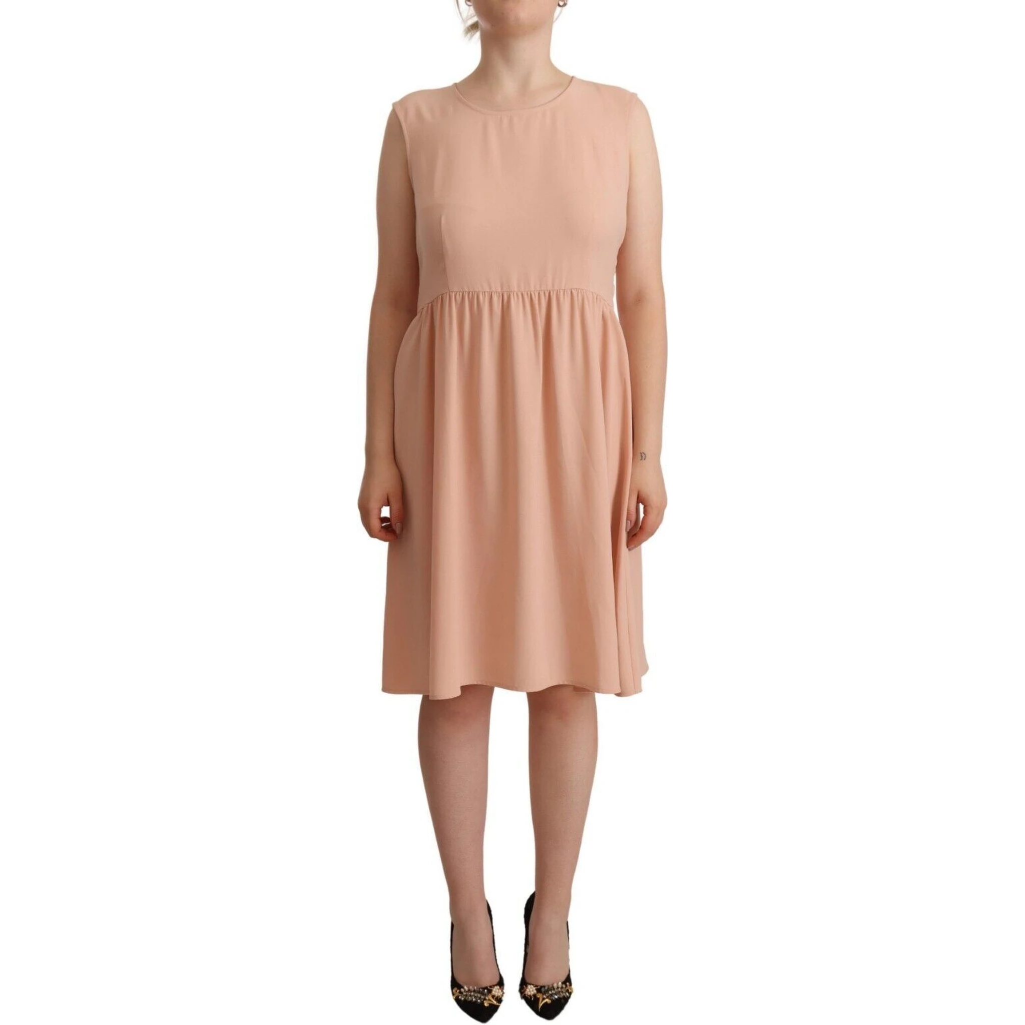 Beige Polyester Sleeveless Shift Knee Length Dress