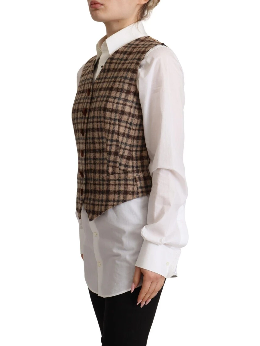 Brown Checkered Leopard V-neck Sleeveless Vest Top