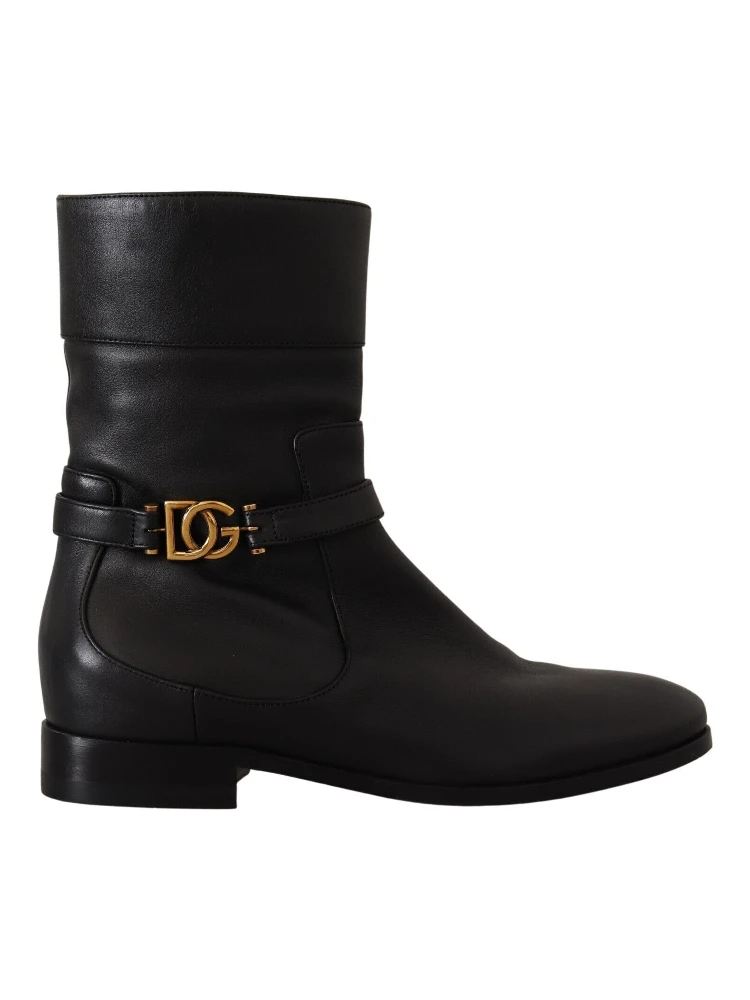 Black Leather Flats Logo Short Boots Shoes