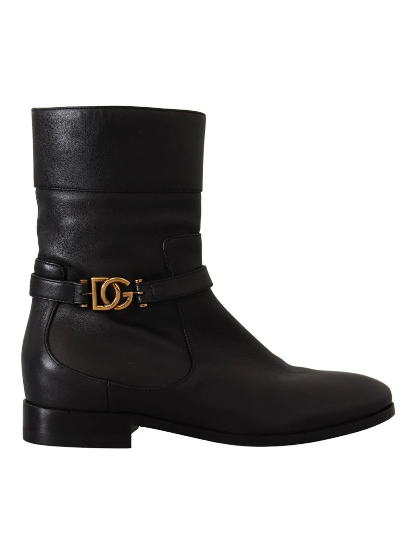 Black Leather Flats Logo Short Boots Shoes