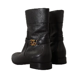 Black Leather Flats Logo Short Boots Shoes