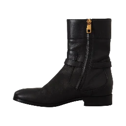 Black Leather Flats Logo Short Boots Shoes
