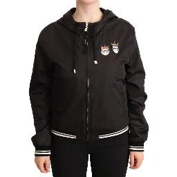Black Polyester Hooded Bomber Full Zip Jacket