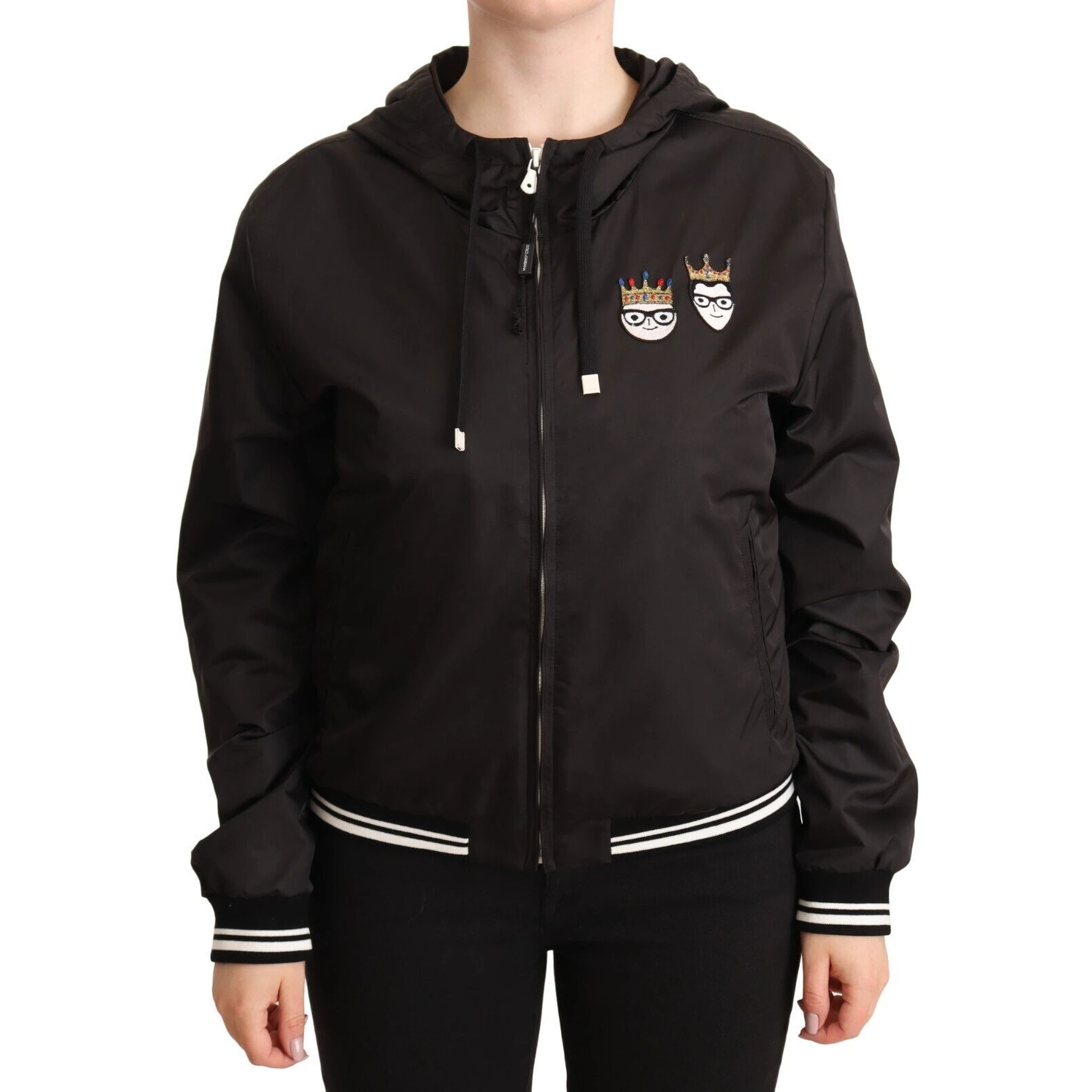 Black Polyester Hooded Bomber Full Zip Jacket