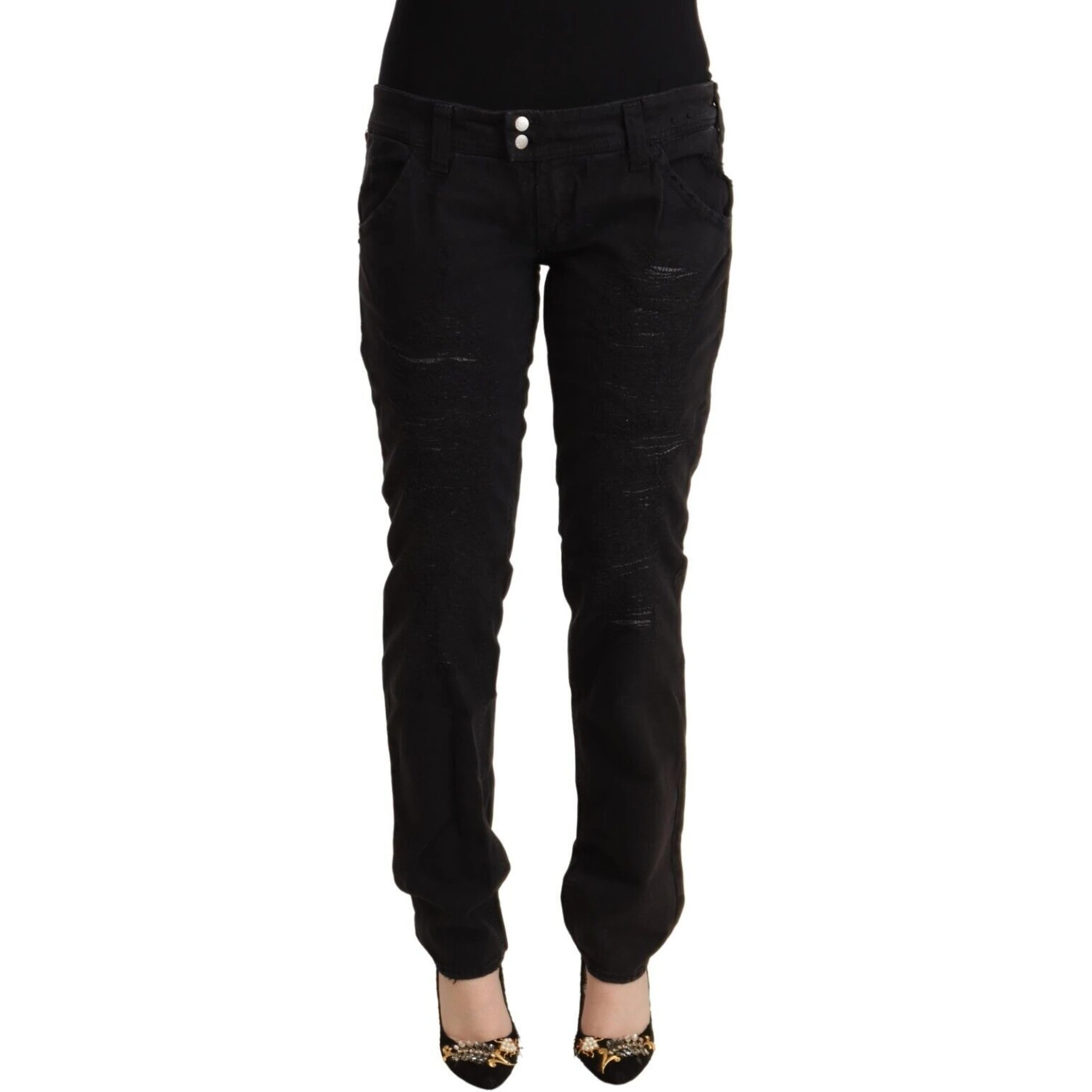 Black Cotton Distressed Low Waist Slim Fit Denim Jeans
