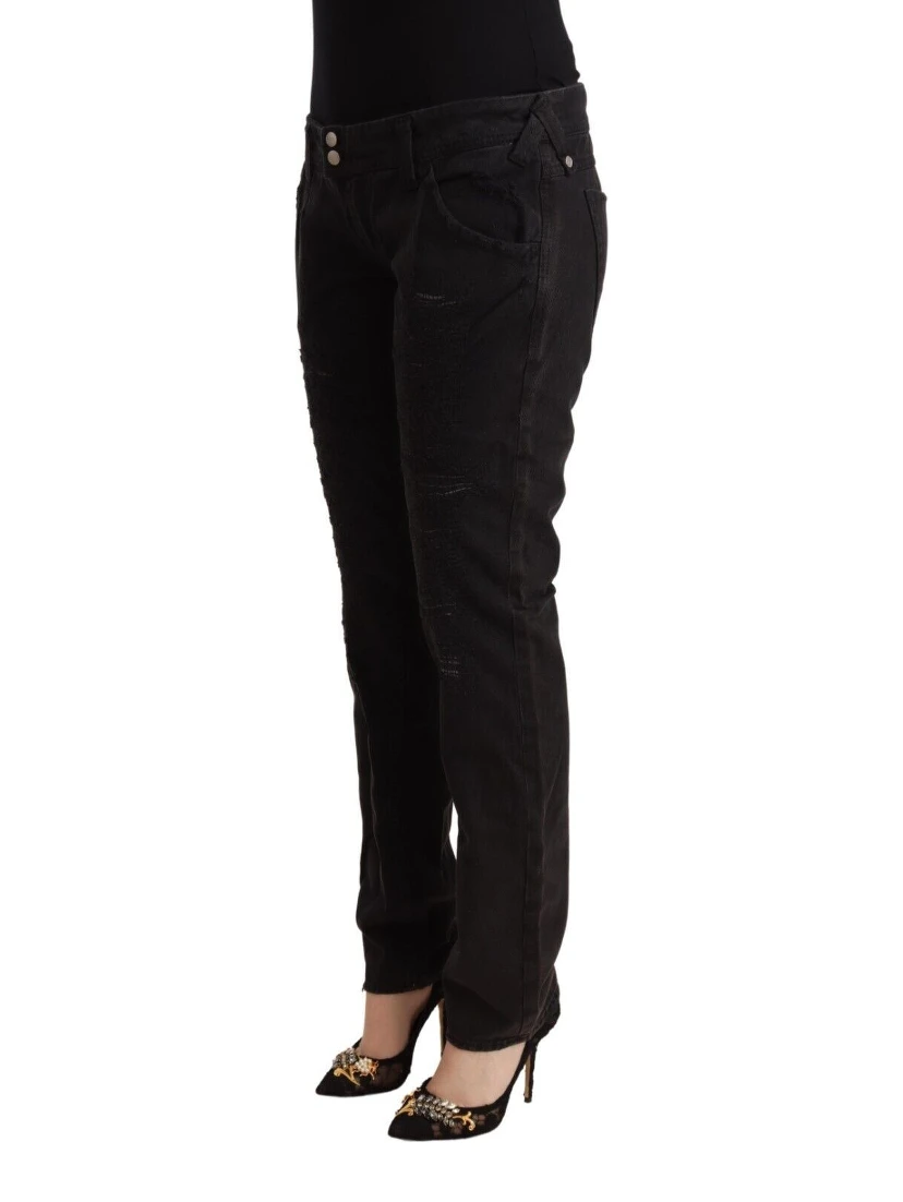 Black Cotton Distressed Low Waist Slim Fit Denim Jeans