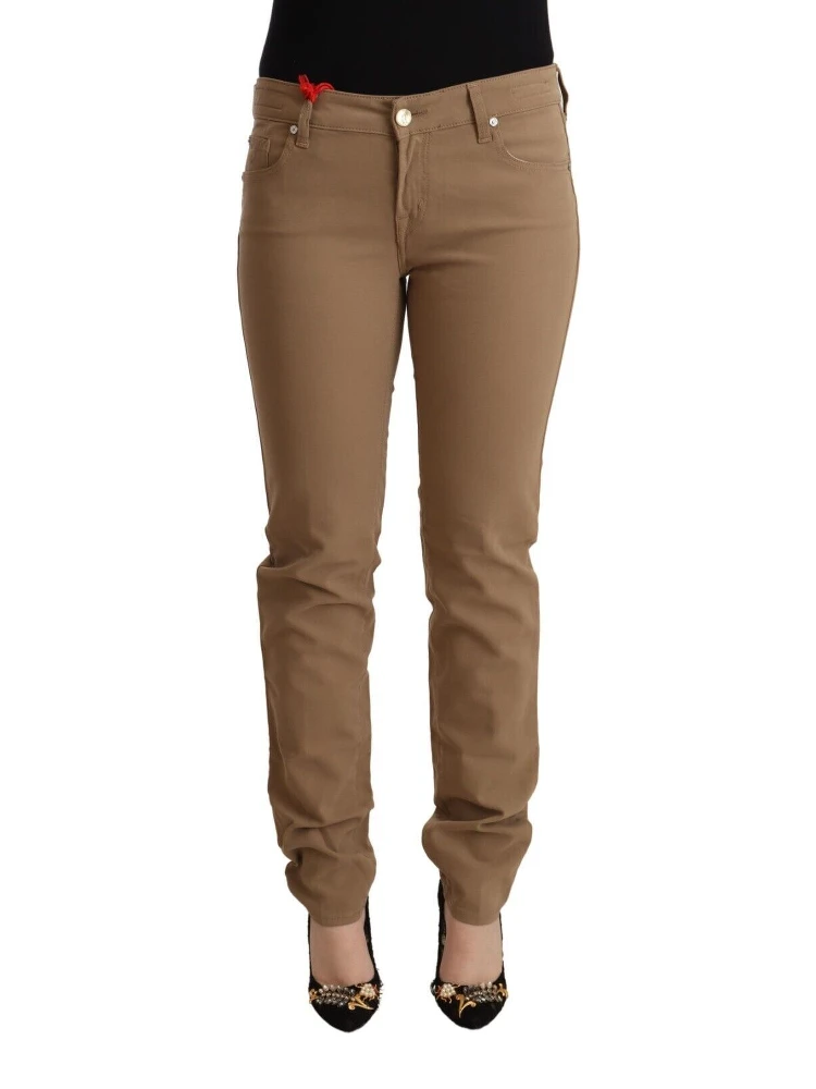Brown Cotton Stretch Mid Waist Skinny Pants