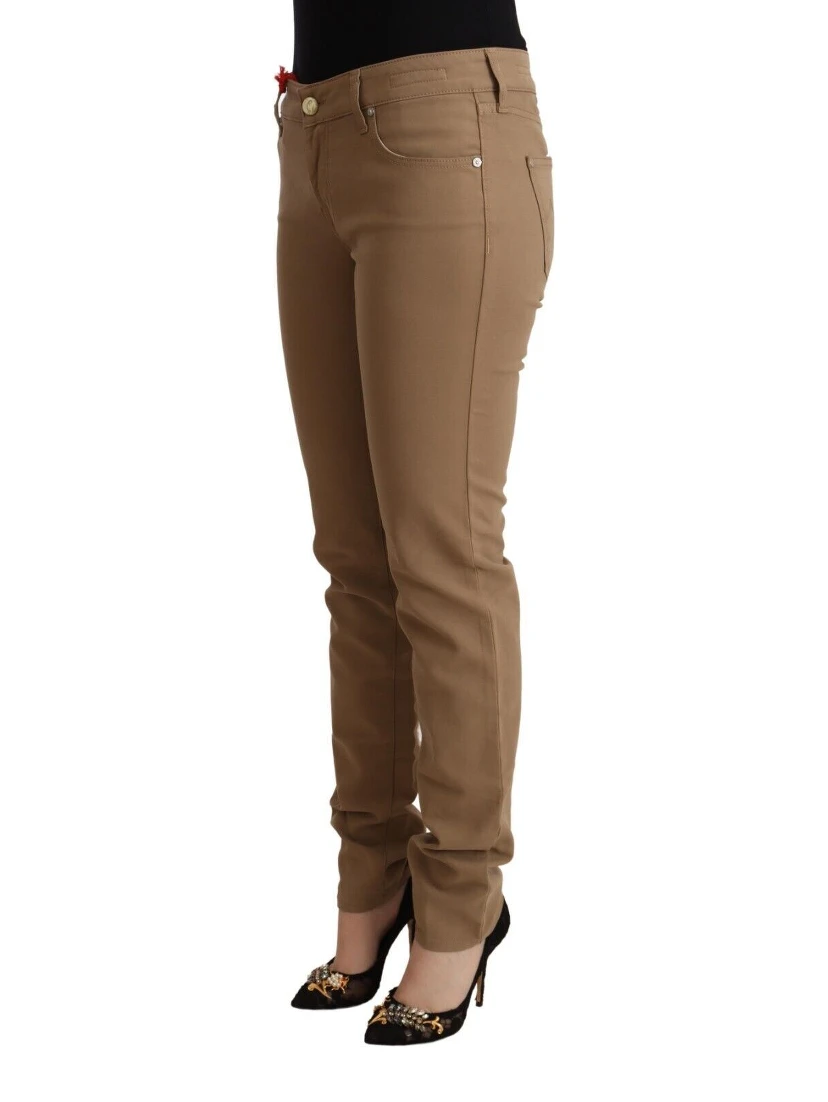 Brown Cotton Stretch Mid Waist Skinny Pants