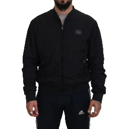 Black Nylon Logo Bomber Zipper Jacket