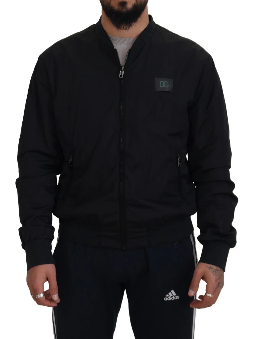 Black Nylon Logo Bomber Zipper Jacket