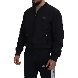 Black Nylon Logo Bomber Zipper Jacket