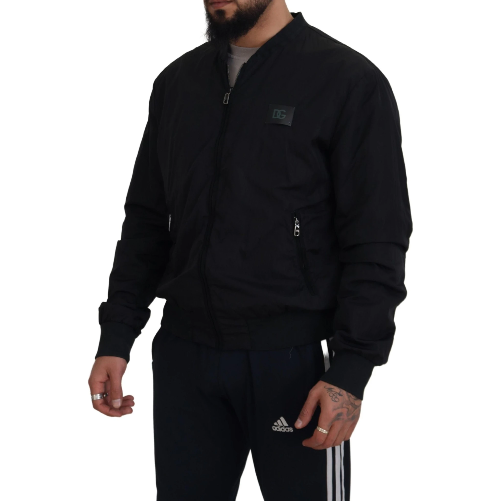 Black Nylon Logo Bomber Zipper Jacket