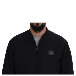 Black Nylon Logo Bomber Zipper Jacket