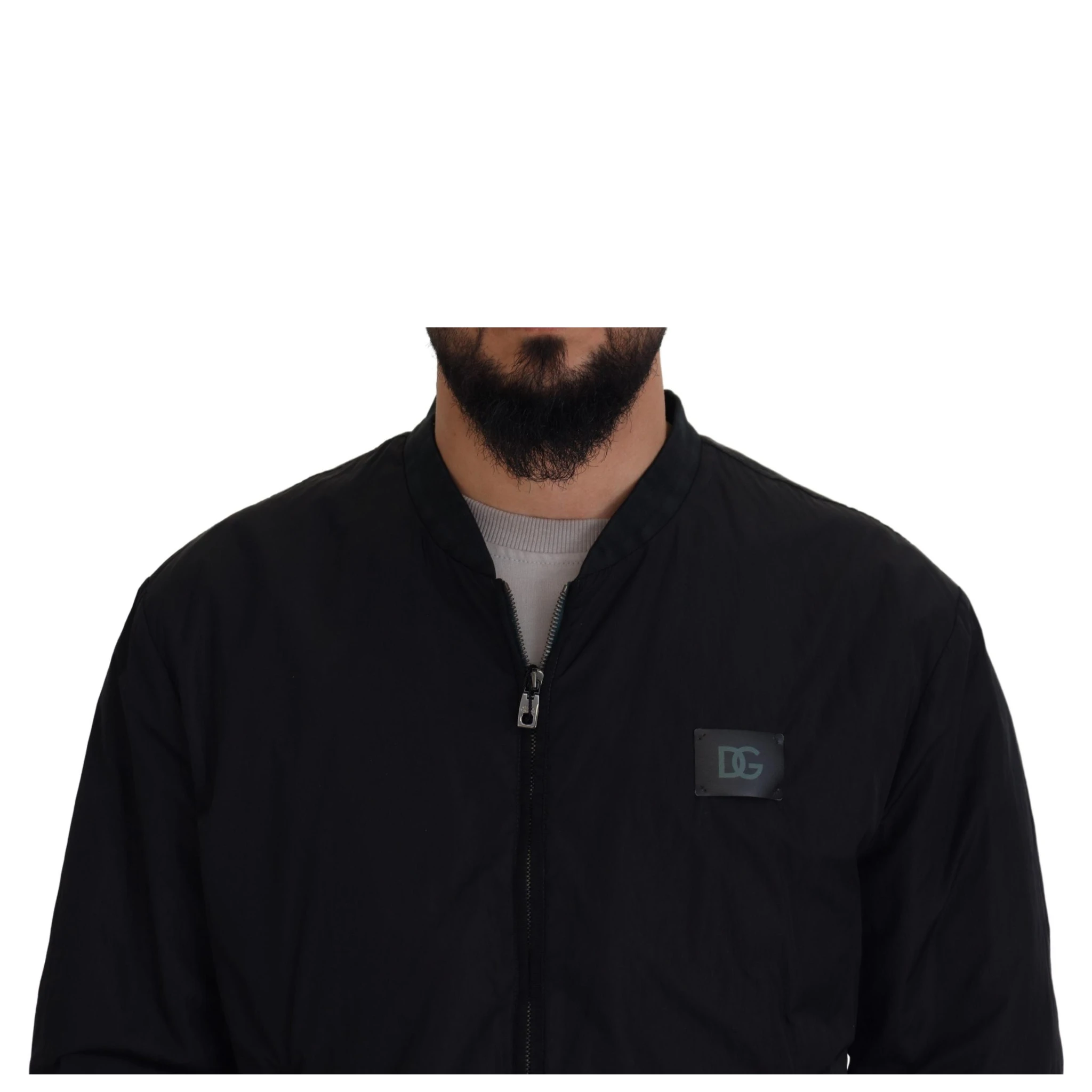 Black Nylon Logo Bomber Zipper Jacket