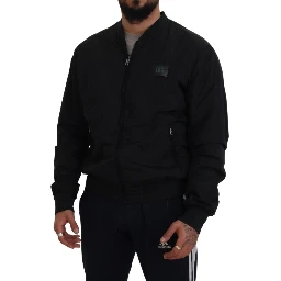 Black Nylon Logo Bomber Zipper Jacket