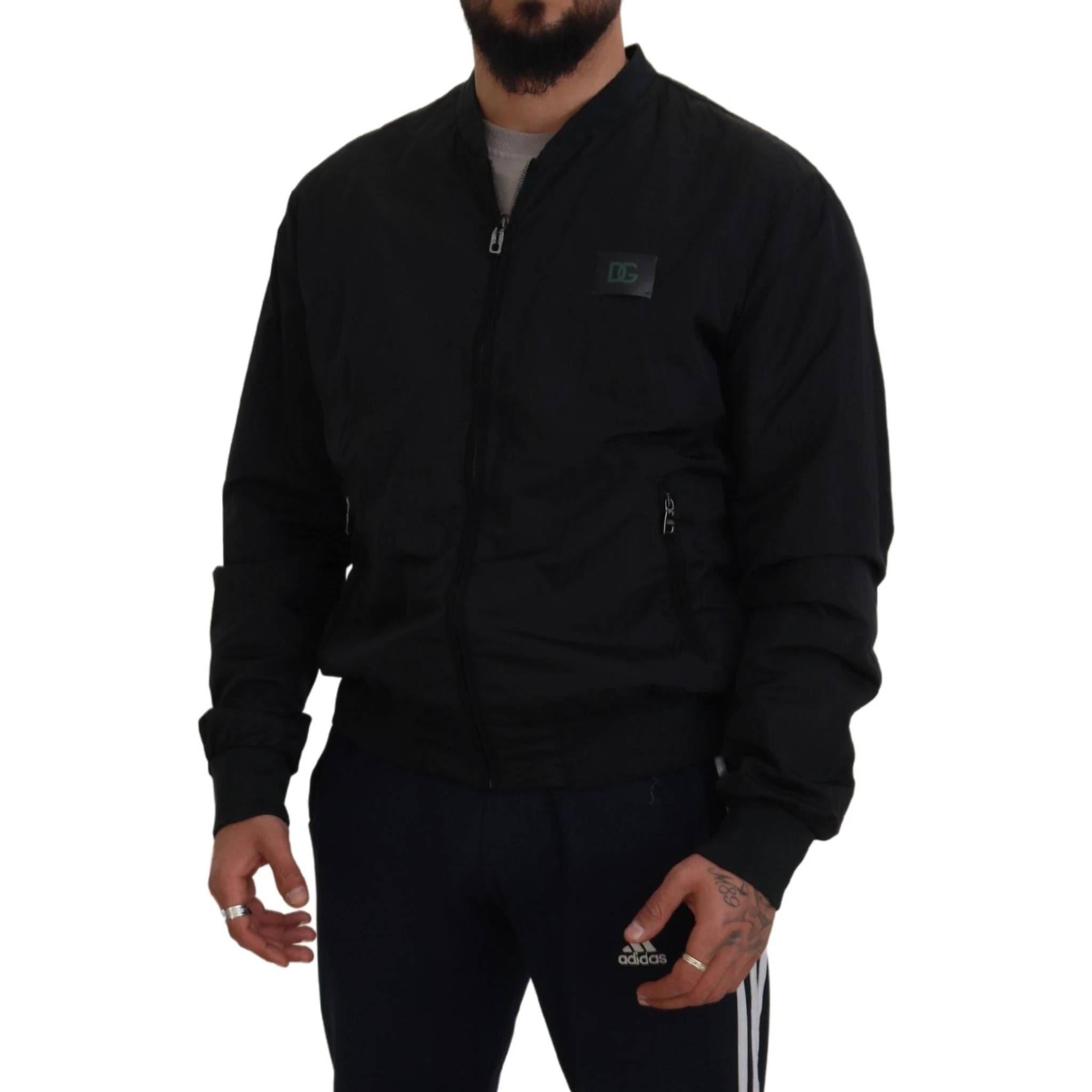 Black Nylon Logo Bomber Zipper Jacket