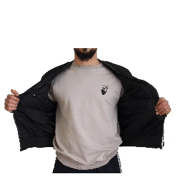 Black Nylon Logo Bomber Zipper Jacket