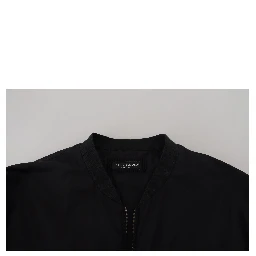 Black Nylon Logo Bomber Zipper Jacket