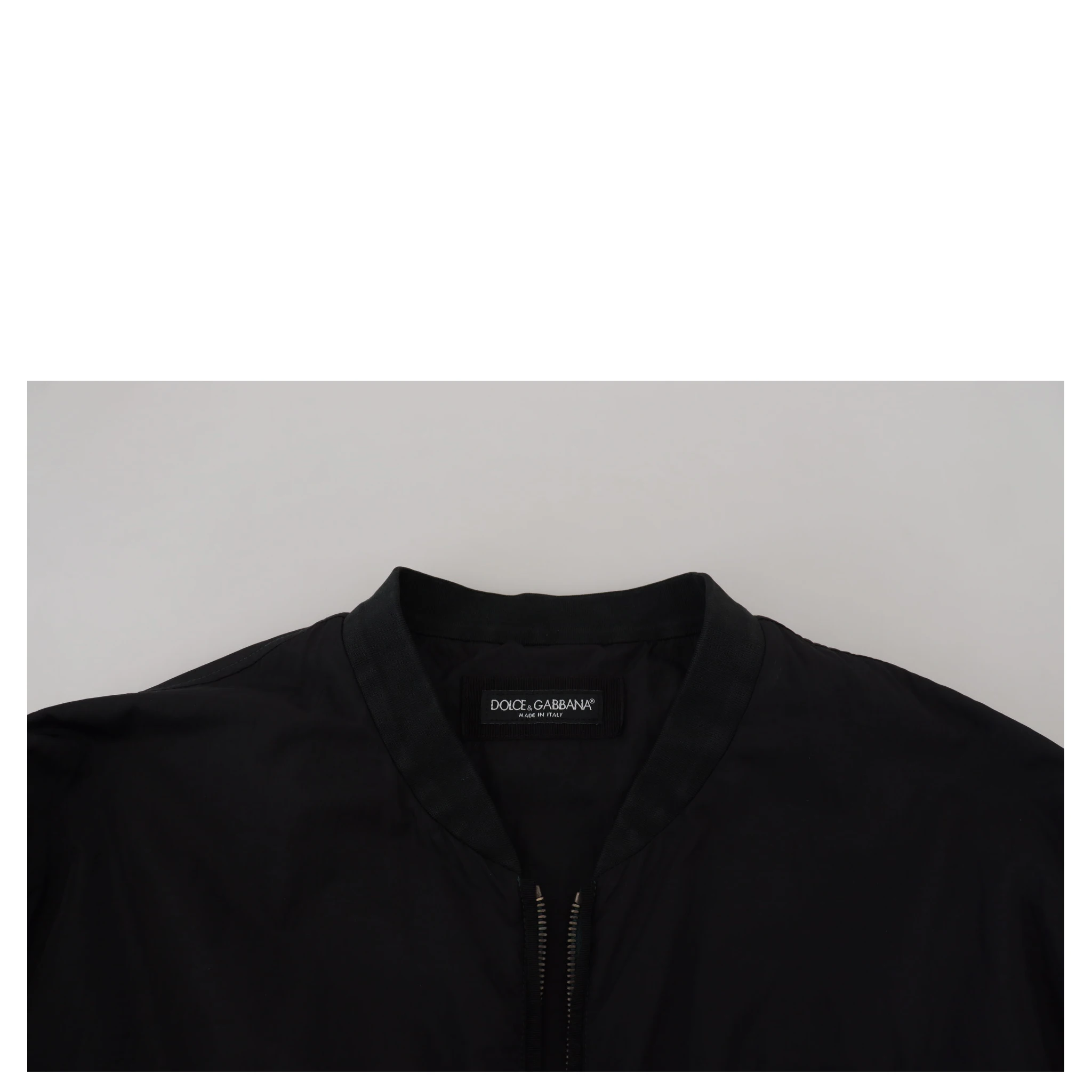 Black Nylon Logo Bomber Zipper Jacket