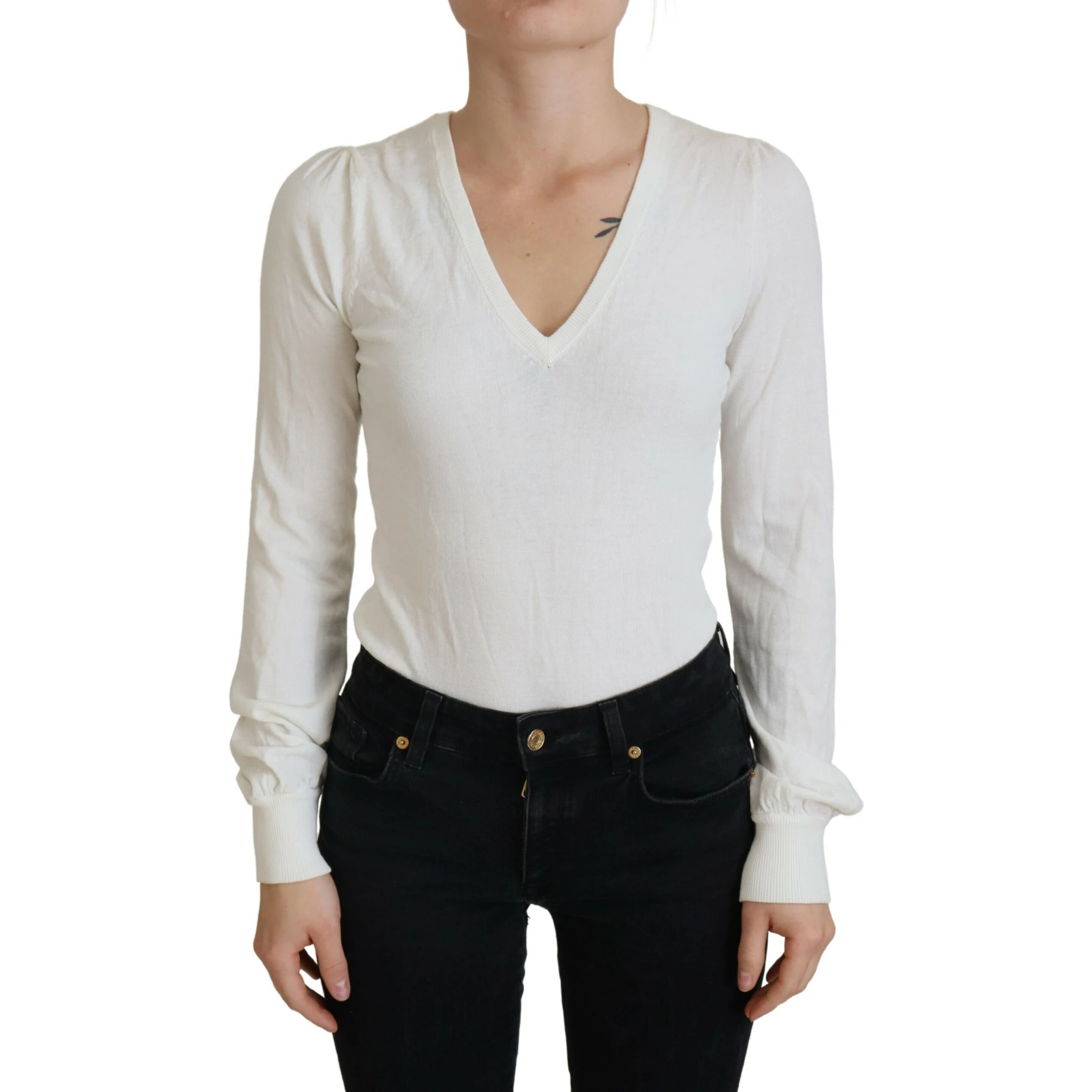 Ivory V-Neck Long Sleeves Women Blouse Top