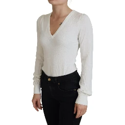 Ivory V-Neck Long Sleeves Women Blouse Top