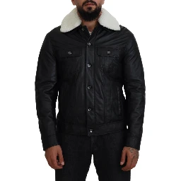 Black Lamb Leather Collared Men Coat Jacket