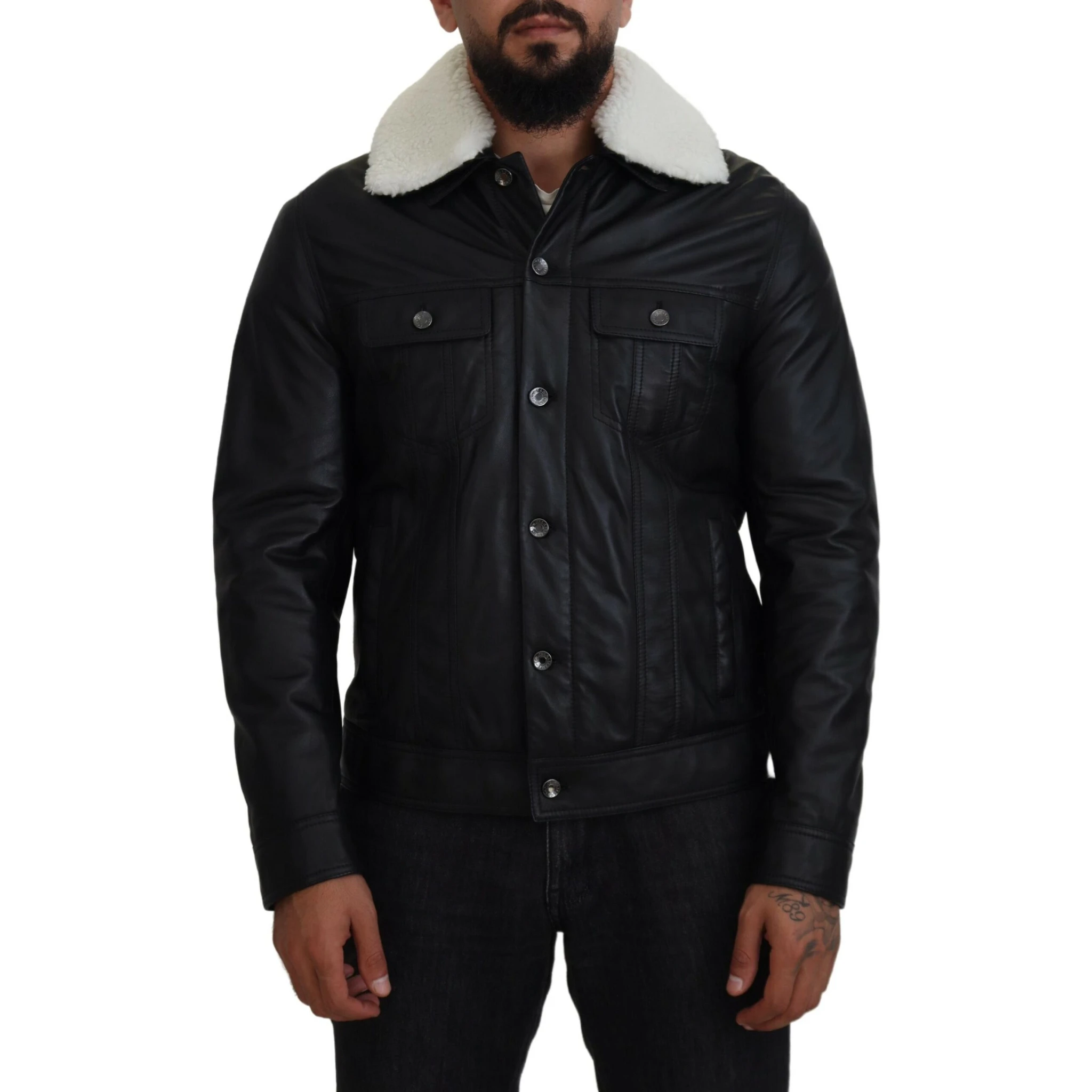 Black Lamb Leather Collared Men Coat Jacket