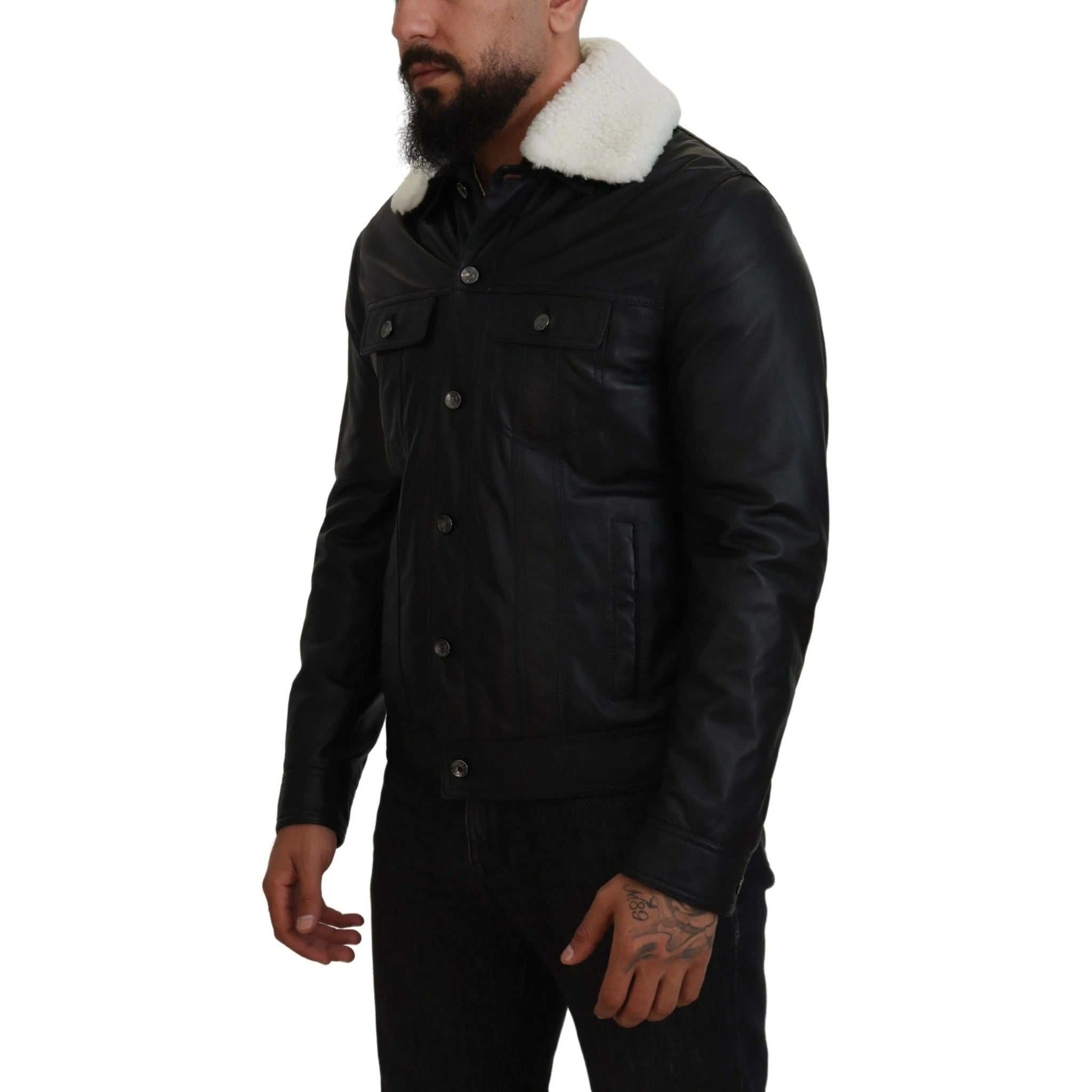 Black Lamb Leather Collared Men Coat Jacket