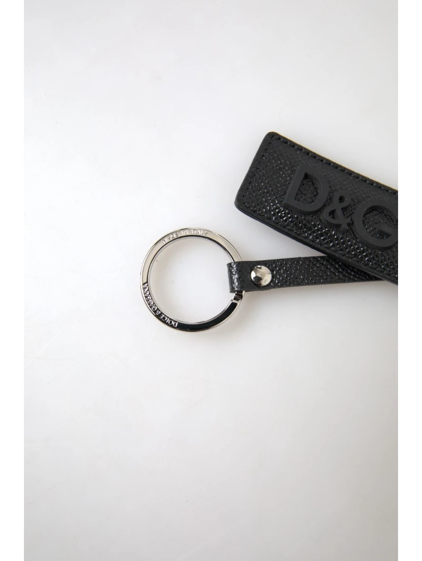Black DG Logo Leather Silver Metal Keychain