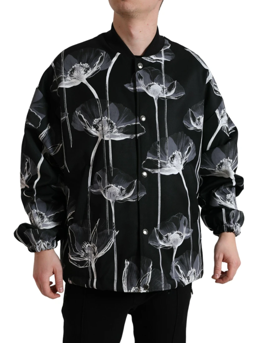 Black Floral Print Wool Button Down Bomber Jacket